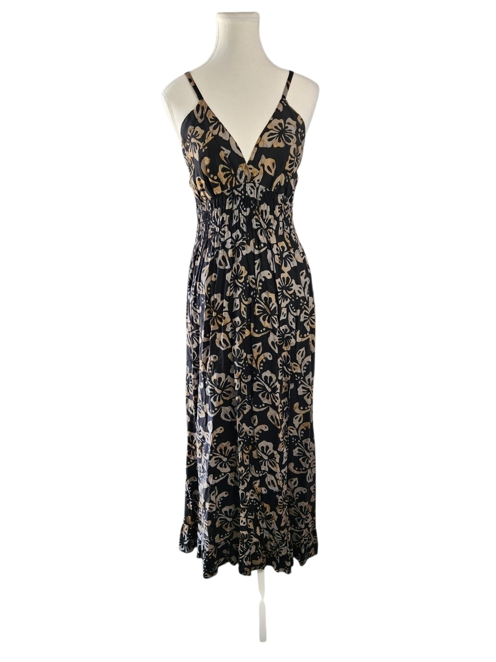 Maxi Sun Dress Black Floral One Size S/M Boho Tropical Resort Beach Smocked